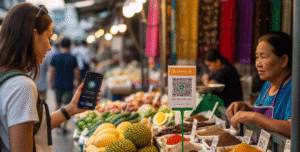 Tourist in Thailand using crypto-to-baht payment at market